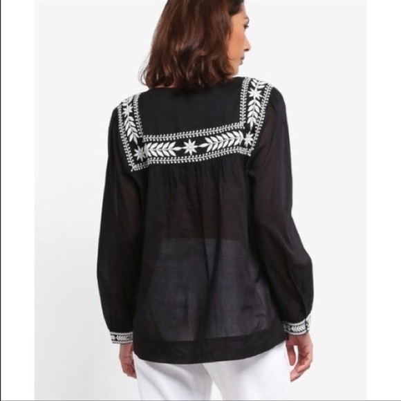 J. Crew Boho Popover Embroidered Semolina Indian Voile Black Peplum Sleeve Top - Picture 2 of 10